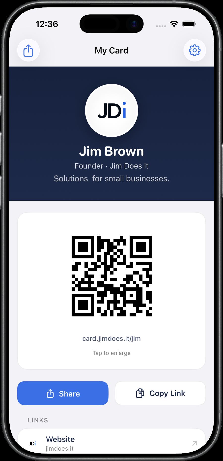 Tapline digital business card with a QR code and share button