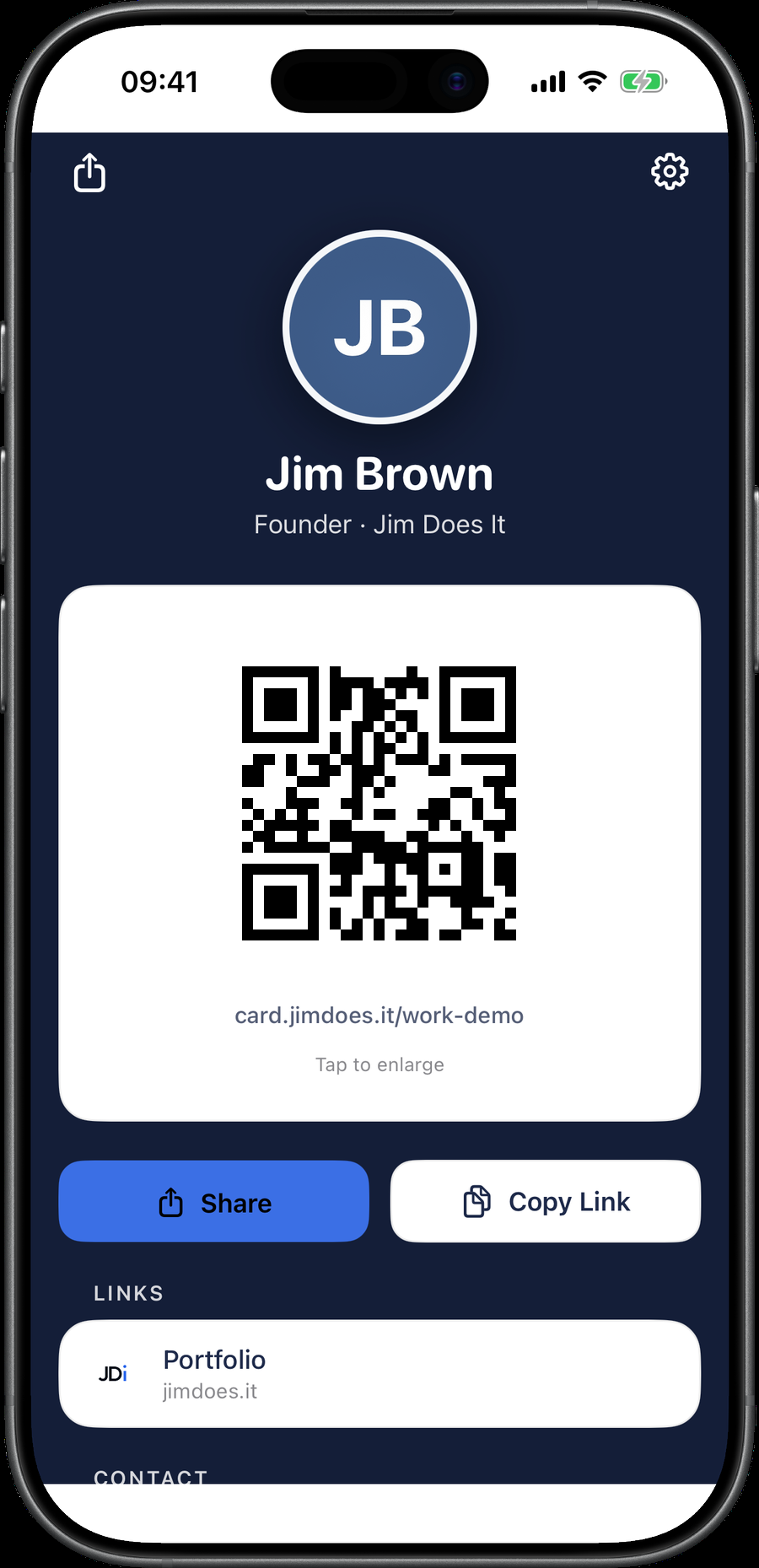 A Tapline public card showing its QR code and links